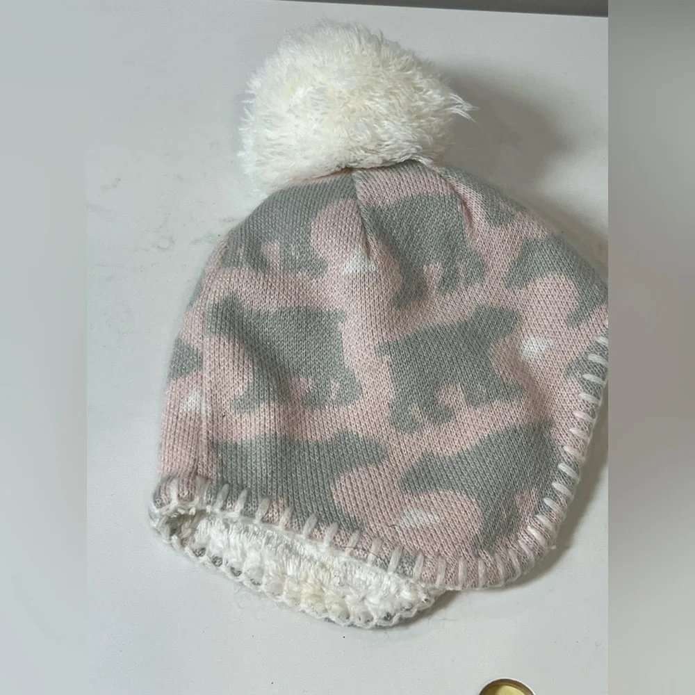 The North Face Baby XXS 0-6 Months Pink and Gray Bear Hat with Pom-Pom